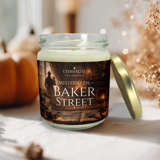 Vela aromática Misterio de Baker Street inspirada en Sherlock Holmes, aroma a tabaco, bergamota y cuero.