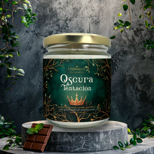 Vela literaria inspirada en El Príncipe Cruel con aroma a chocolate negro y menta fresca