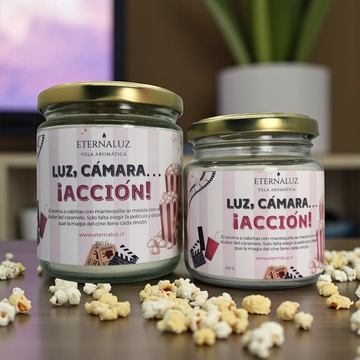 Vela aromática Eternaluz con aroma a palomitas con mantequilla, ideal para noches de cine en casa