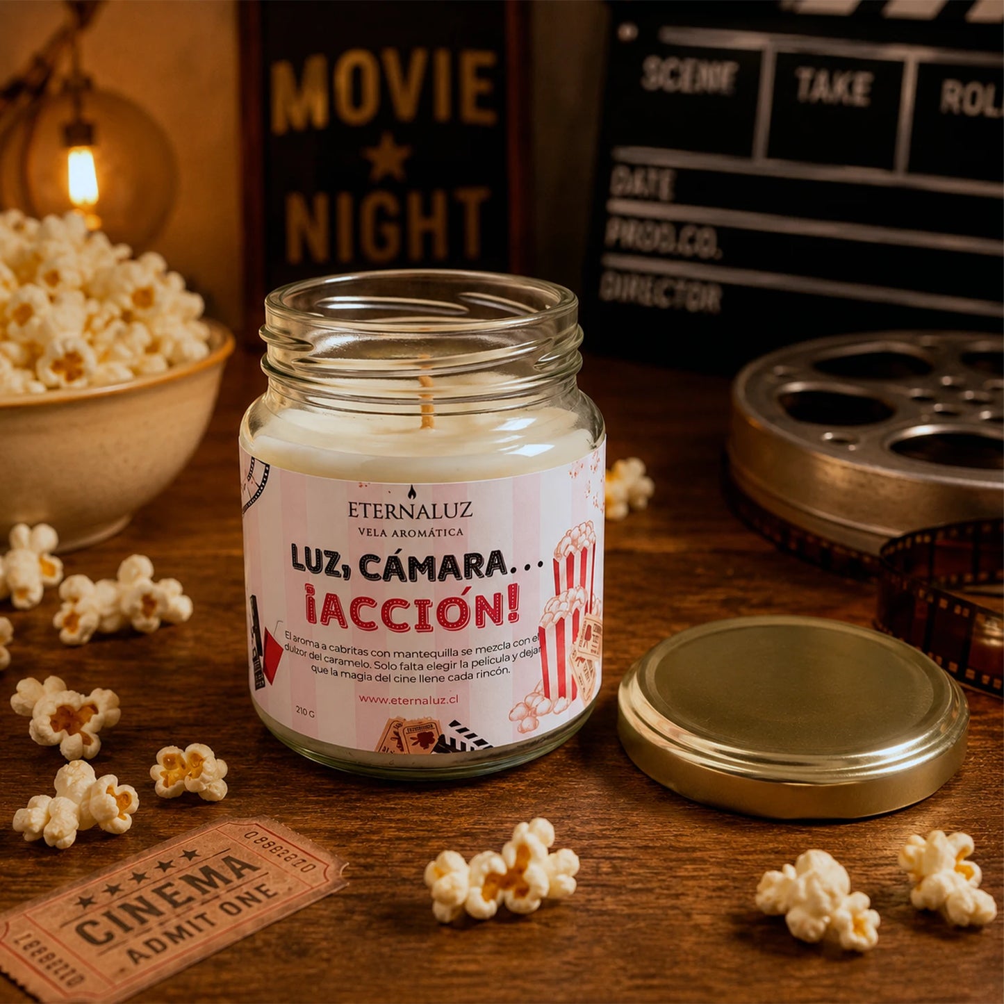 Vela aromática Eternaluz con aroma a palomitas con mantequilla, ideal para noches de cine en casa
