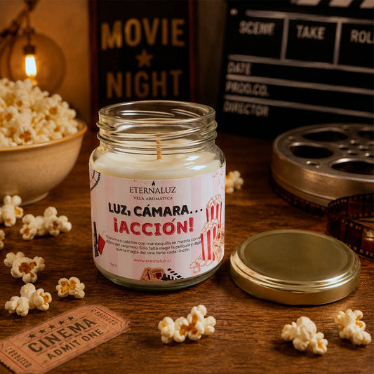 Vela aromática Eternaluz con aroma a palomitas con mantequilla, ideal para noches de cine en casa