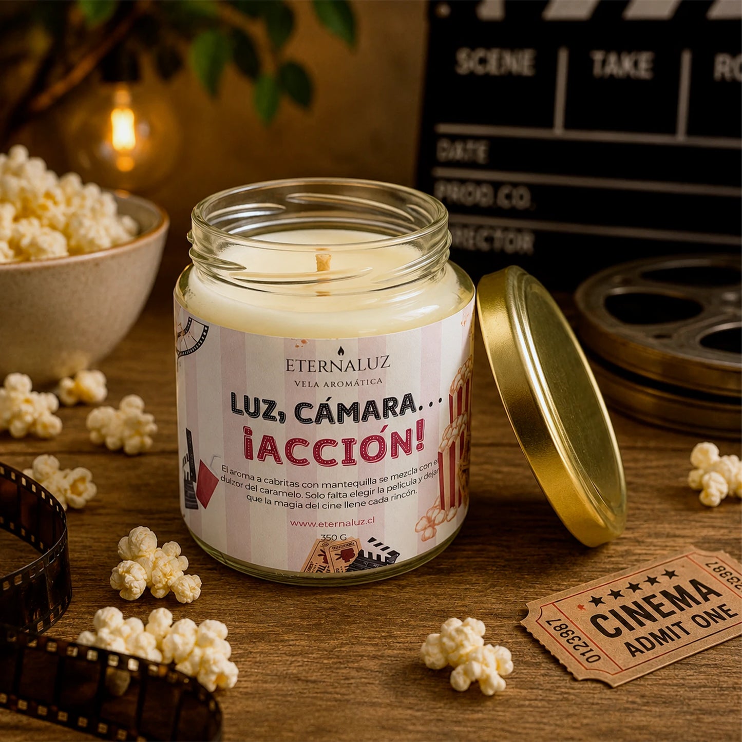 Vela aromática Eternaluz con aroma a palomitas con mantequilla, ideal para noches de cine en casa