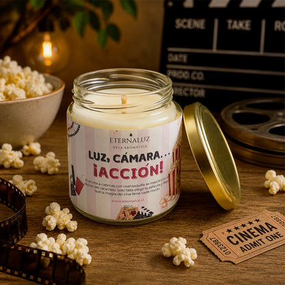 Vela aromática Eternaluz con aroma a palomitas con mantequilla, ideal para noches de cine en casa