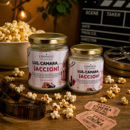 Vela aromática Eternaluz con aroma a palomitas con mantequilla, ideal para noches de cine en casa
