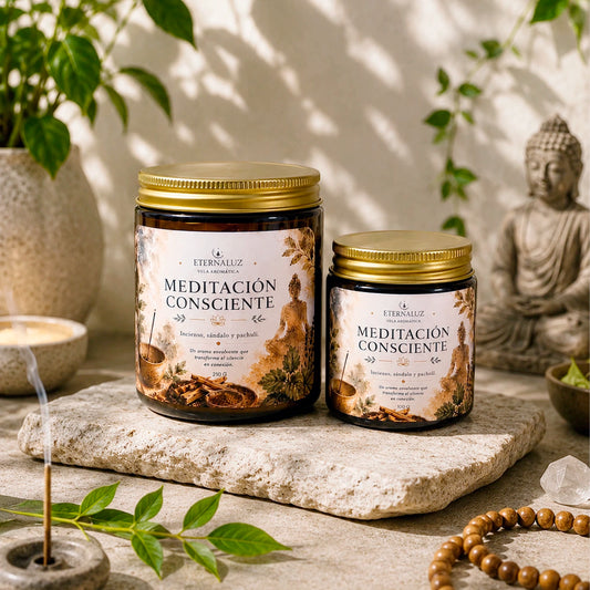 Vela aromática Meditación Consciente con aroma a incienso, sándalo y pachulí, ideal para meditar y crear calma interior