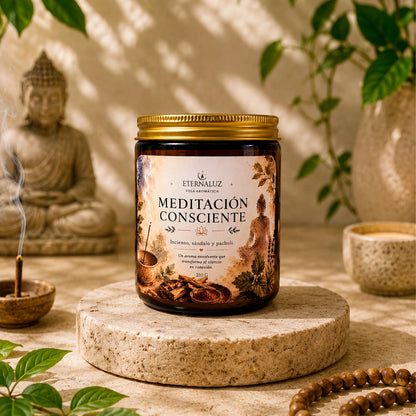 Vela aromática Meditación Consciente con aroma a incienso, sándalo y pachulí, ideal para meditar y crear calma interior