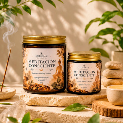 Vela aromática Meditación Consciente con aroma a incienso, sándalo y pachulí, ideal para meditar y crear calma interior