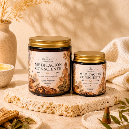 Vela aromática Meditación Consciente con aroma a incienso, sándalo y pachulí, ideal para meditar y crear calma interior