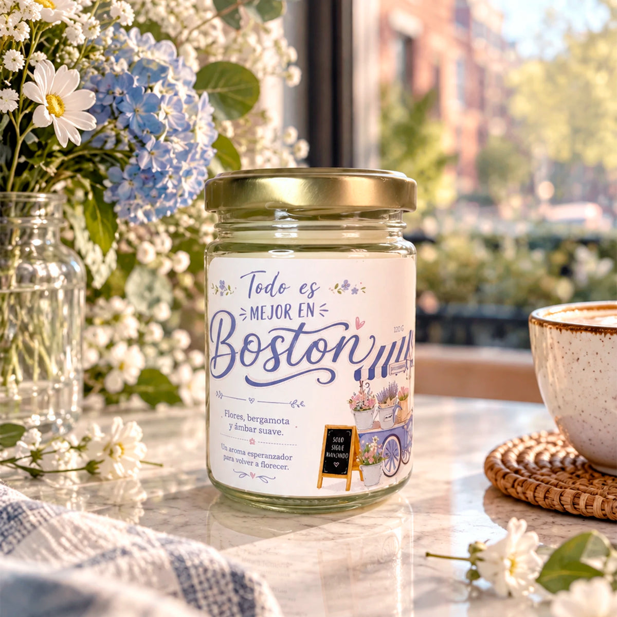 Vela aromática Todo es mejor en Boston con aroma floral de bergamota, peonía, magnolia, azahar y ámbar suave
