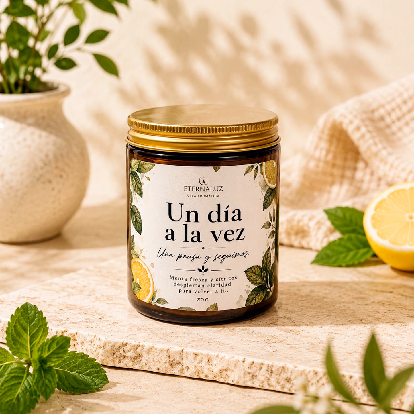 Vela aromática Un día a la vez con aroma a menta, bergamota, jazmín y eucalipto, ideal para relajarse y reconectar