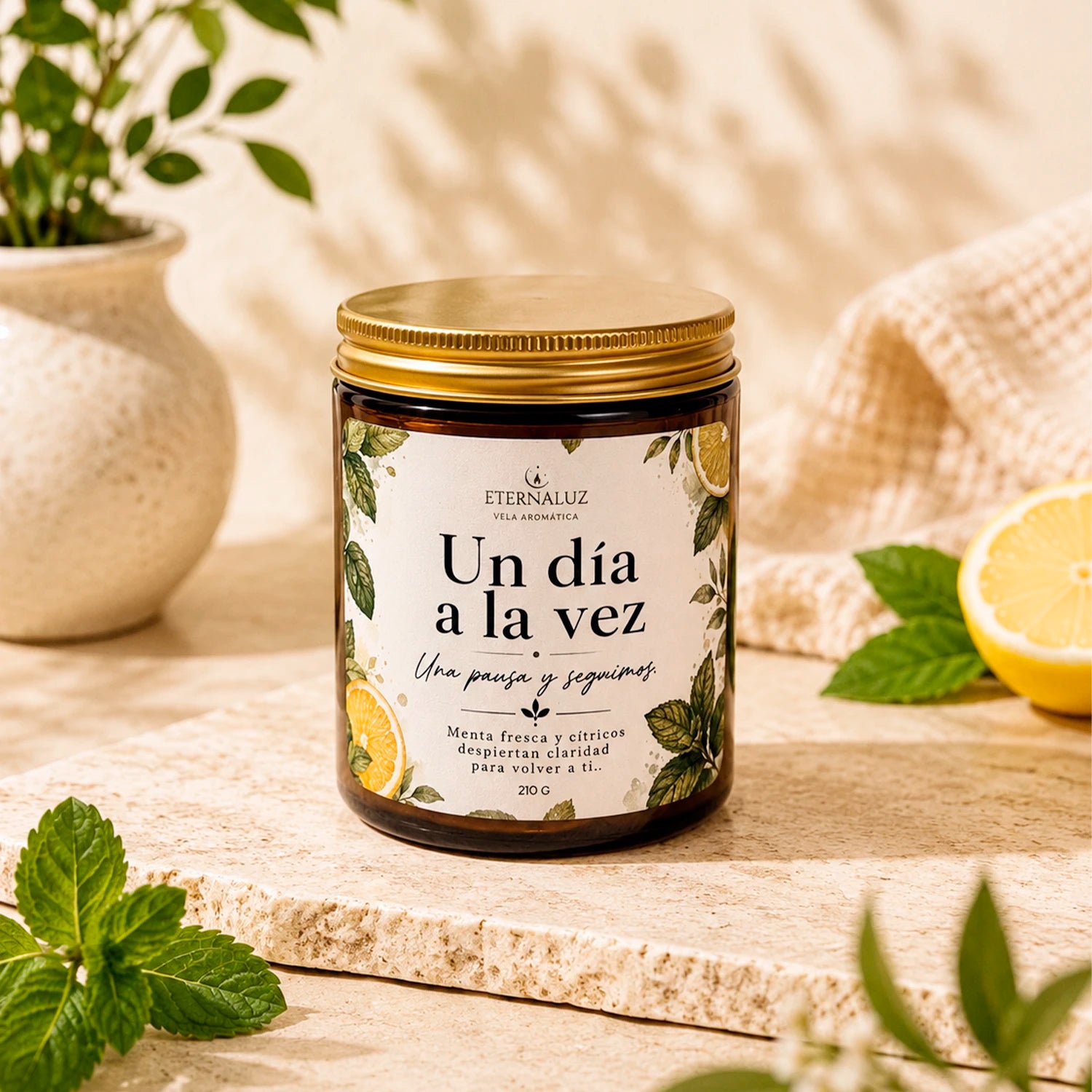 Vela aromática Un día a la vez con aroma a menta, bergamota, jazmín y eucalipto, ideal para relajarse y reconectar