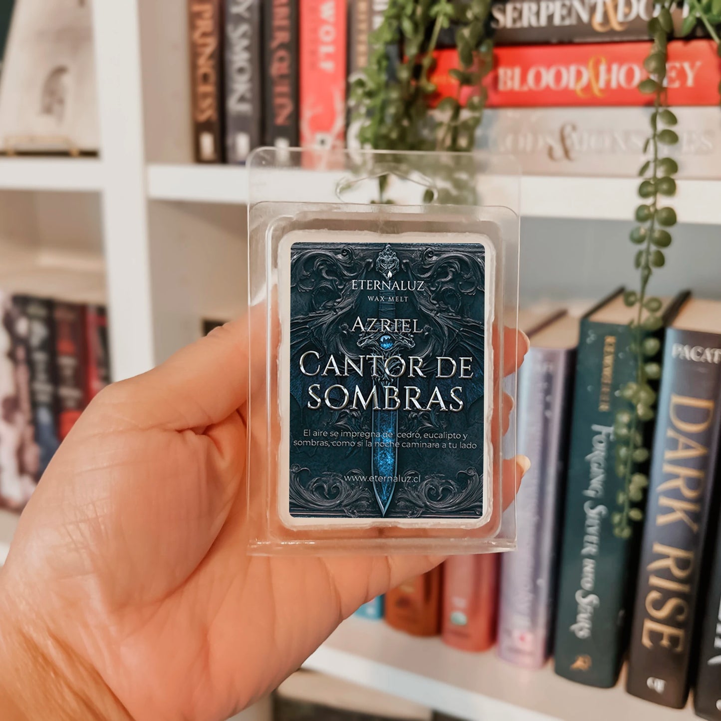 Wax melts Eternaluz inspirada en Azriel (ACOTAR), con aroma a cedro blanco, menta y eucalipto fresco. Aroma herbal y profundo
