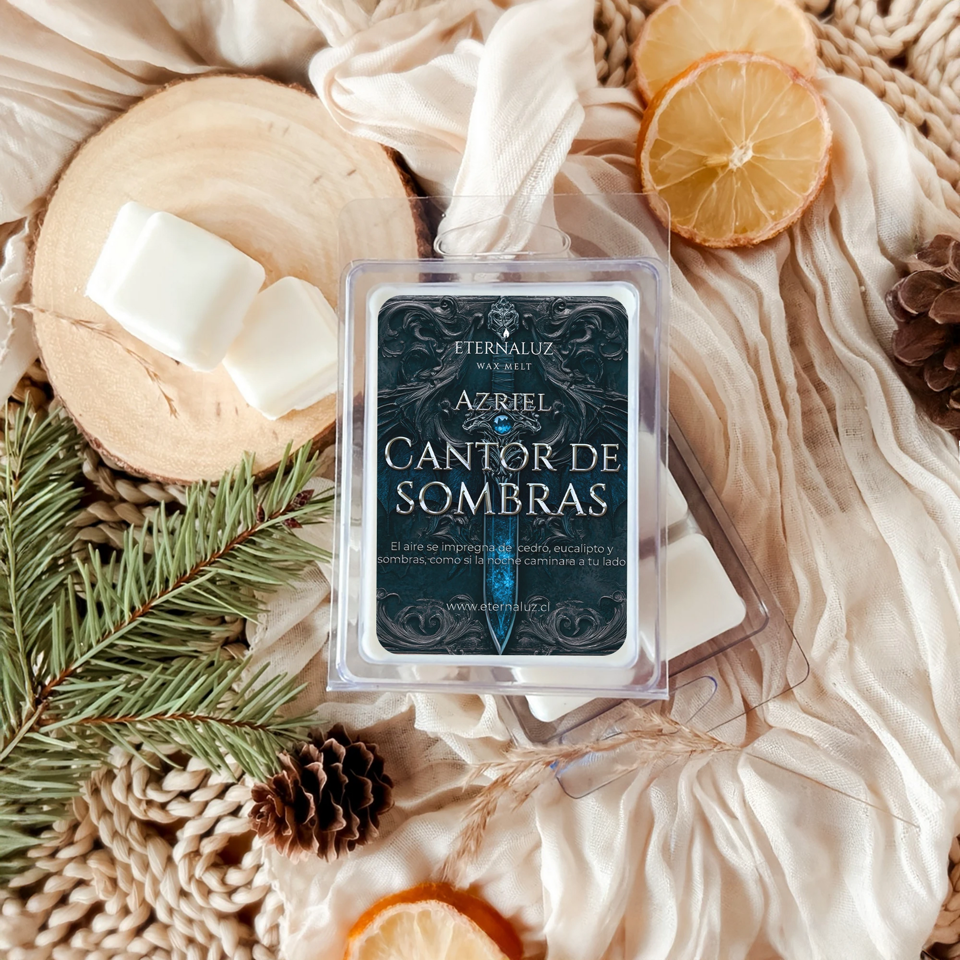 Wax melts Eternaluz inspirada en Azriel (ACOTAR), con aroma a cedro blanco, menta y eucalipto fresco. Aroma herbal y profundo