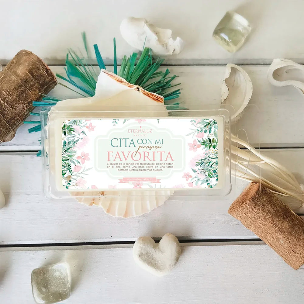 Wax melt aromático Cita con mi persona favorita de Eternaluz con aroma a sandía, pepino y melón