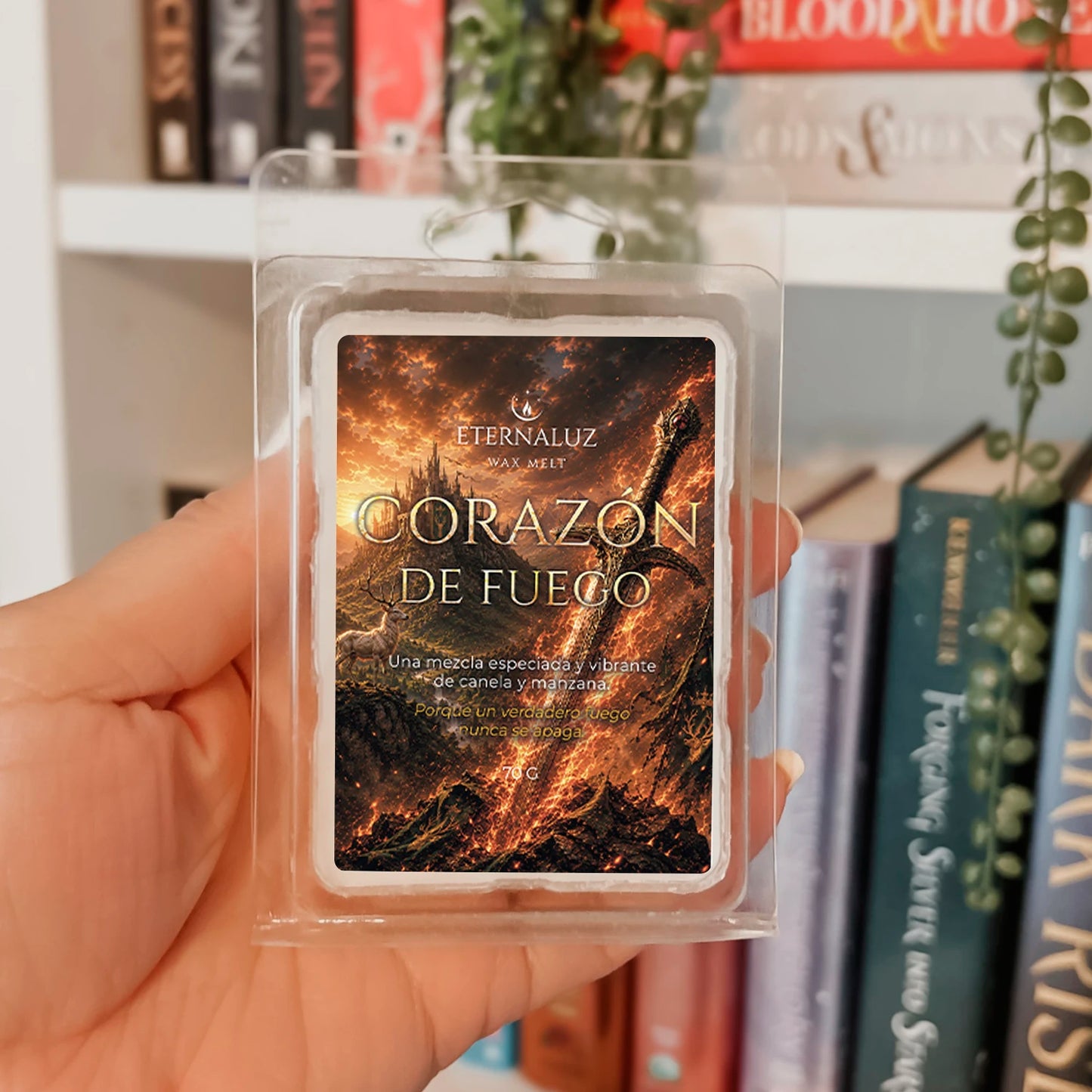 Wax melts Corazón de Fuego con aroma a manzana verde, canela, azúcar caramelizada y madera cálida, inspirados en Aelin Galathynius