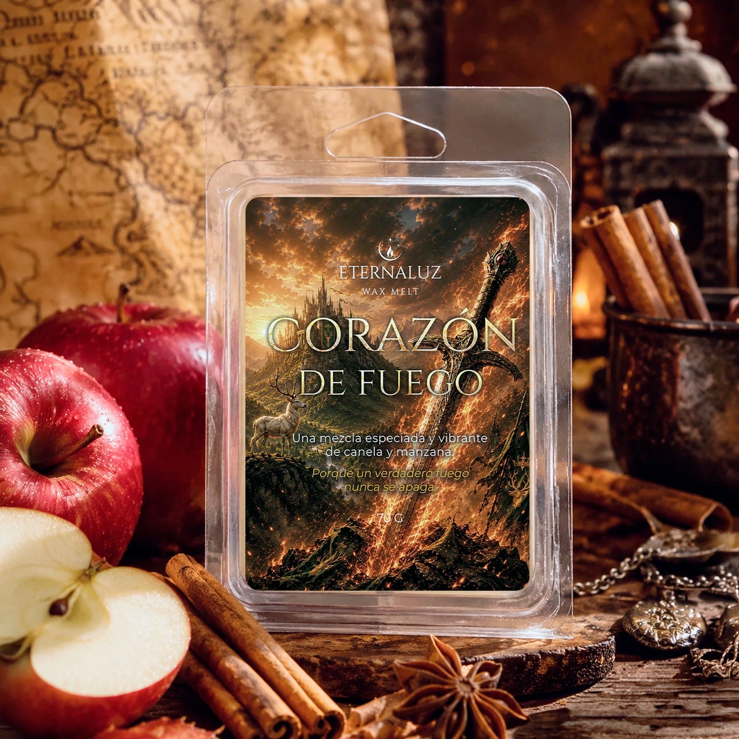 Wax melts Corazón de Fuego con aroma a manzana verde, canela, azúcar caramelizada y madera cálida, inspirados en Aelin Galathynius