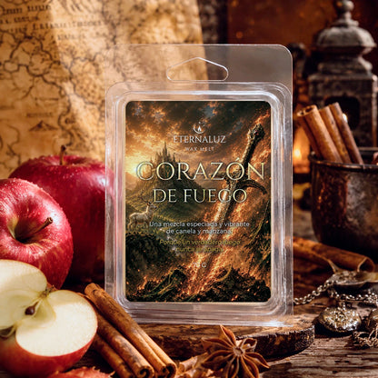Wax melts Corazón de Fuego con aroma a manzana verde, canela, azúcar caramelizada y madera cálida, inspirados en Aelin Galathynius