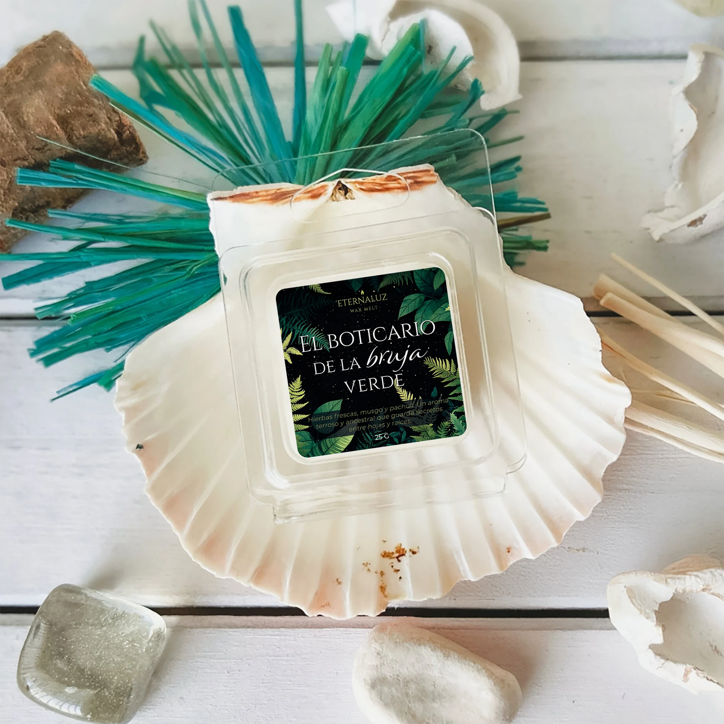 Wax melts El Boticario de la Bruja Verde con aroma herbal y terroso de salvia, musgo húmedo, pachulí y bálsamo