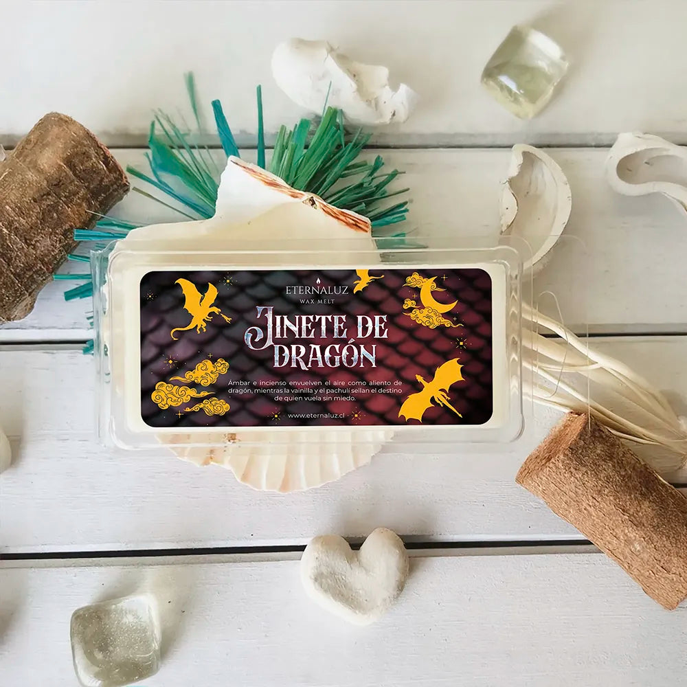 Wax melt Jinete de Dragón de Eternaluz con aroma a ámbar cálido, incienso, vainilla y pachulí