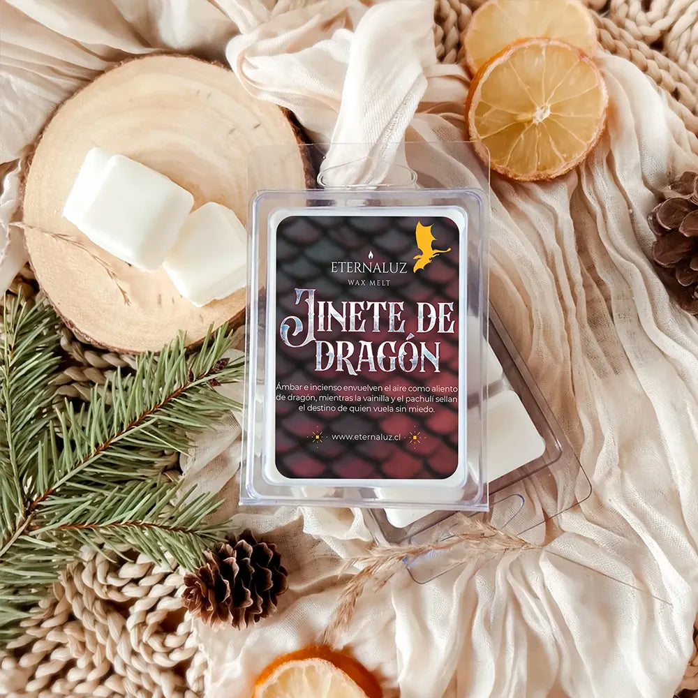 Wax melt Jinete de Dragón de Eternaluz con aroma a ámbar cálido, incienso, vainilla y pachulí