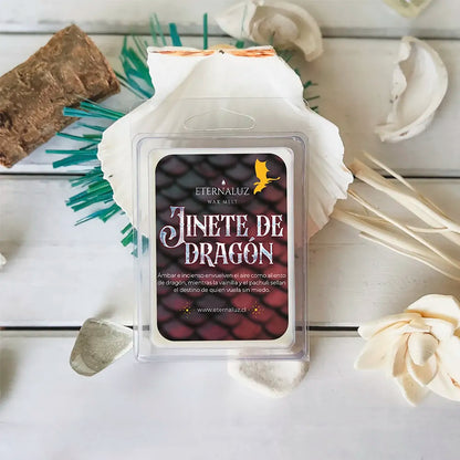 Wax melt Jinete de Dragón de Eternaluz con aroma a ámbar cálido, incienso, vainilla y pachulí
