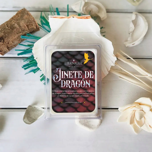 Wax melt Jinete de Dragón de Eternaluz con aroma a ámbar cálido, incienso, vainilla y pachulí
