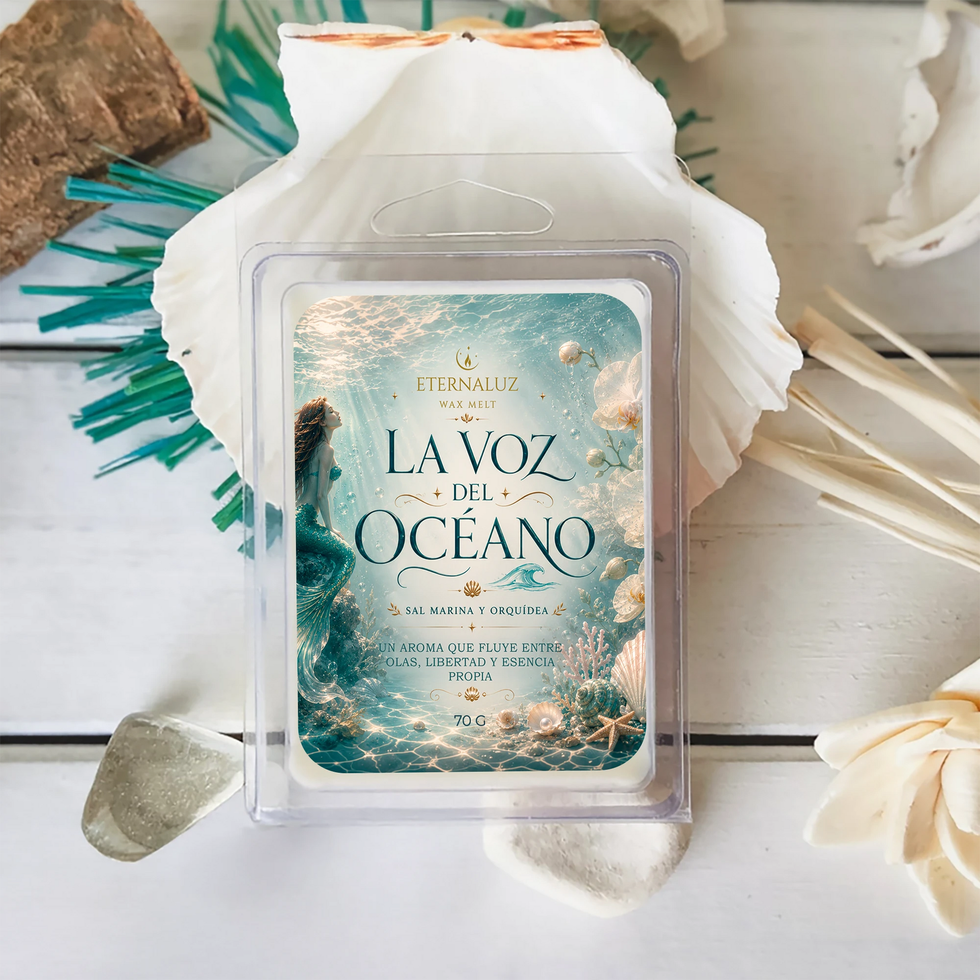 Wax melts La Voz del Océano con aroma fresco a sal marina, orquídea y notas ozónicas, ideal para momentos de calma
