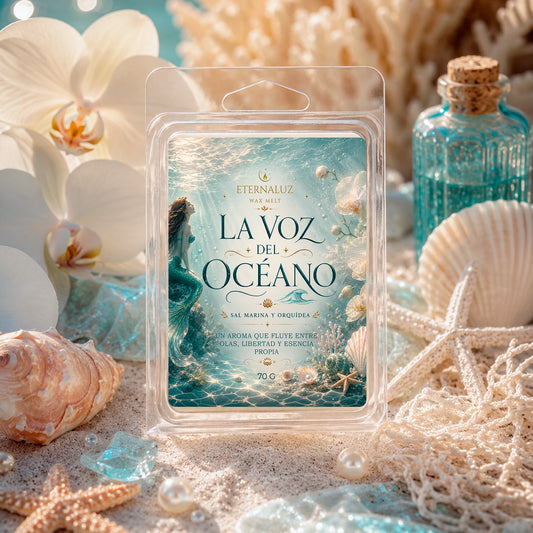 Wax melts La Voz del Océano con aroma fresco a sal marina, orquídea y notas ozónicas, ideal para momentos de calma
