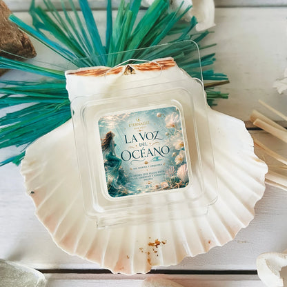 Wax melts La Voz del Océano con aroma fresco a sal marina, orquídea y notas ozónicas, ideal para momentos de calma