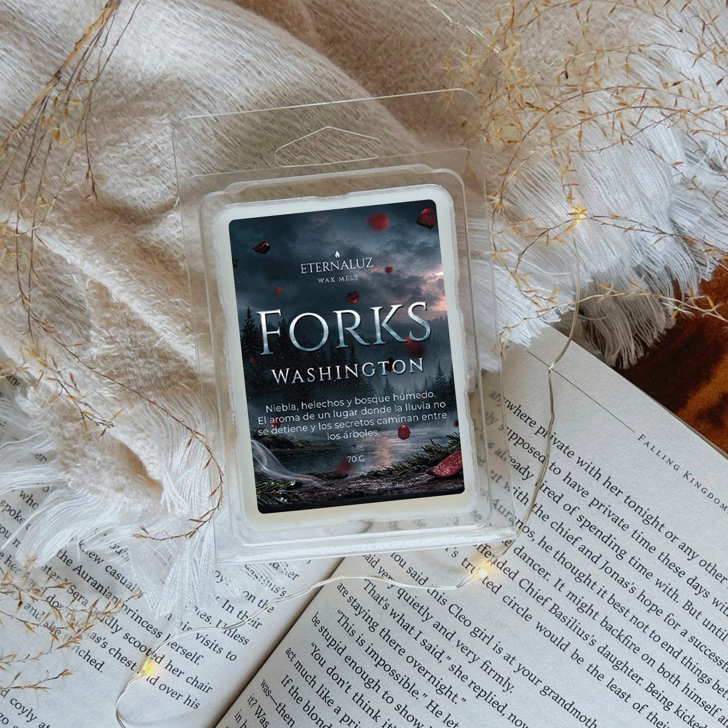 Wax melt Forks con aroma a niebla, musgo y bosque húmedo inspirada en Crepúsculo.