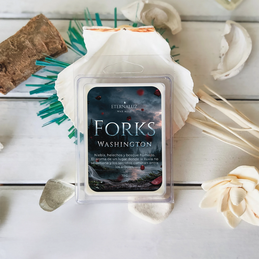 Wax melt Forks con aroma a niebla, musgo y bosque húmedo inspirada en Crepúsculo.