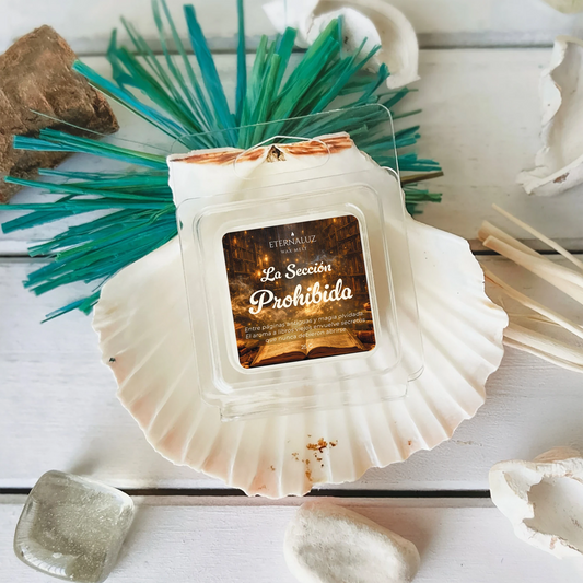 Wax melt Sección Prohibida con aroma a libros antiguos, cuero y madera inspirados en bibliotecas mágicas.