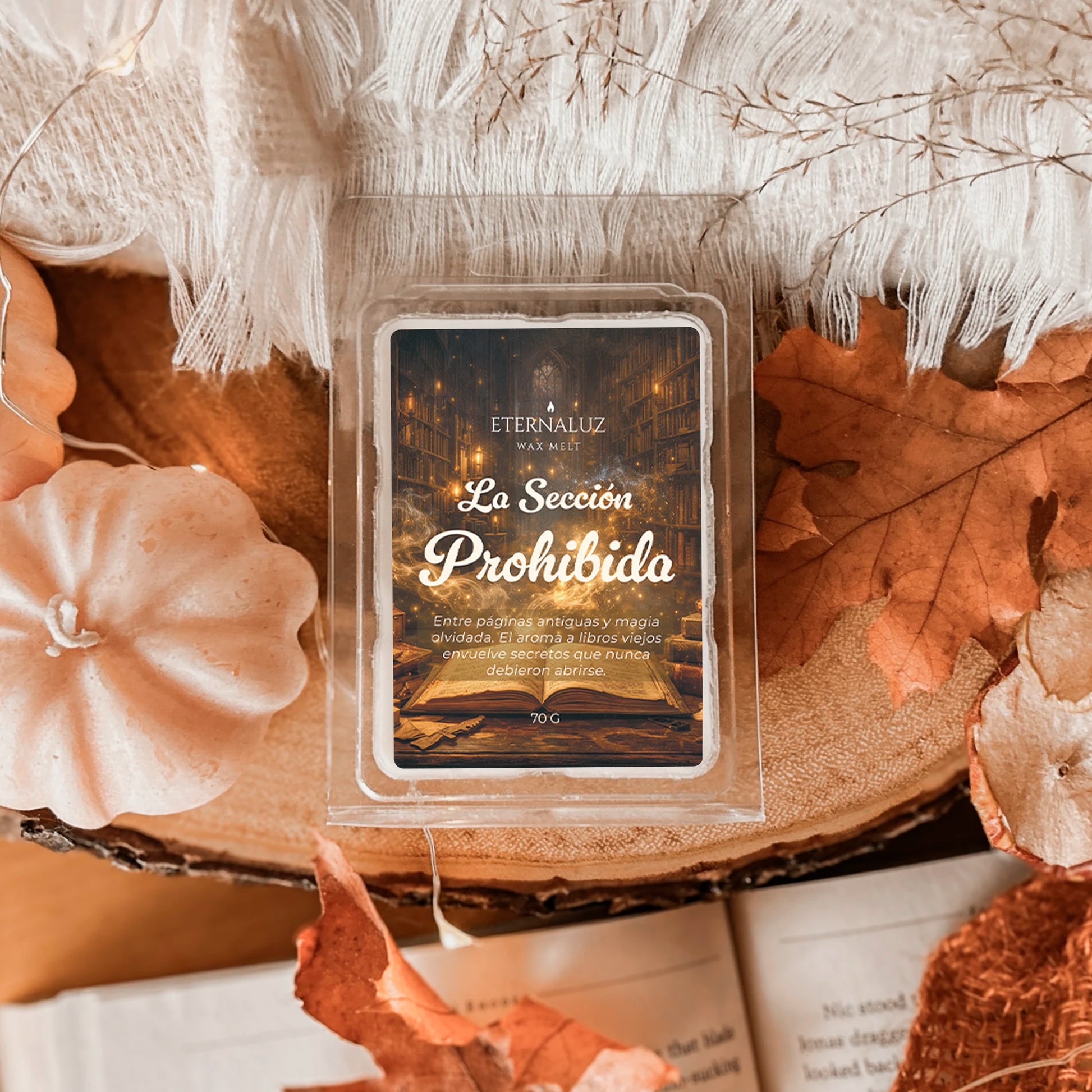 Wax melt Sección Prohibida con aroma a libros antiguos, cuero y madera inspirados en bibliotecas mágicas.