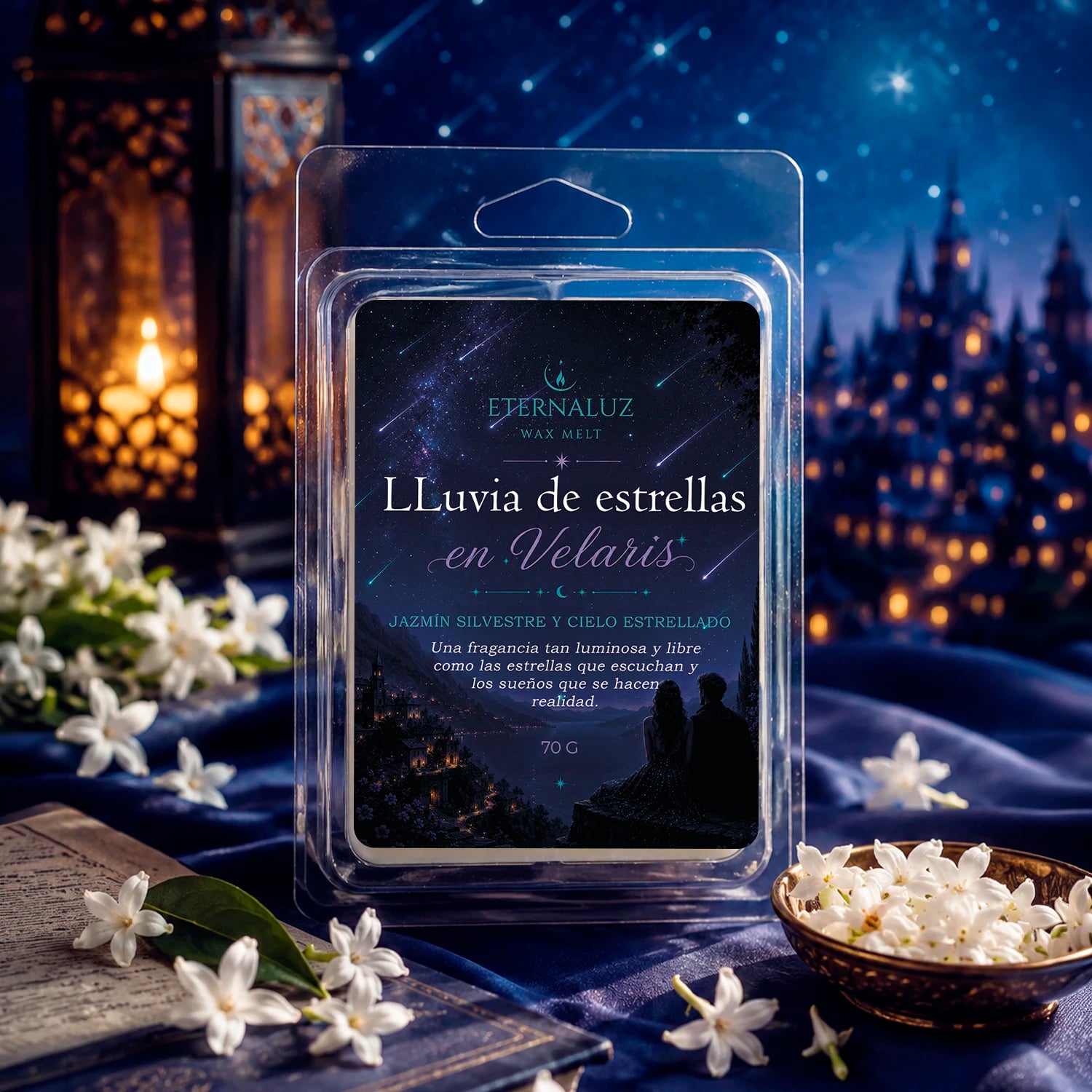 Wax melts Lluvia de Estrellas en Velaris con aroma a jazmín silvestre y flores blancas, inspirados en una noche mágica bajo las estrellas