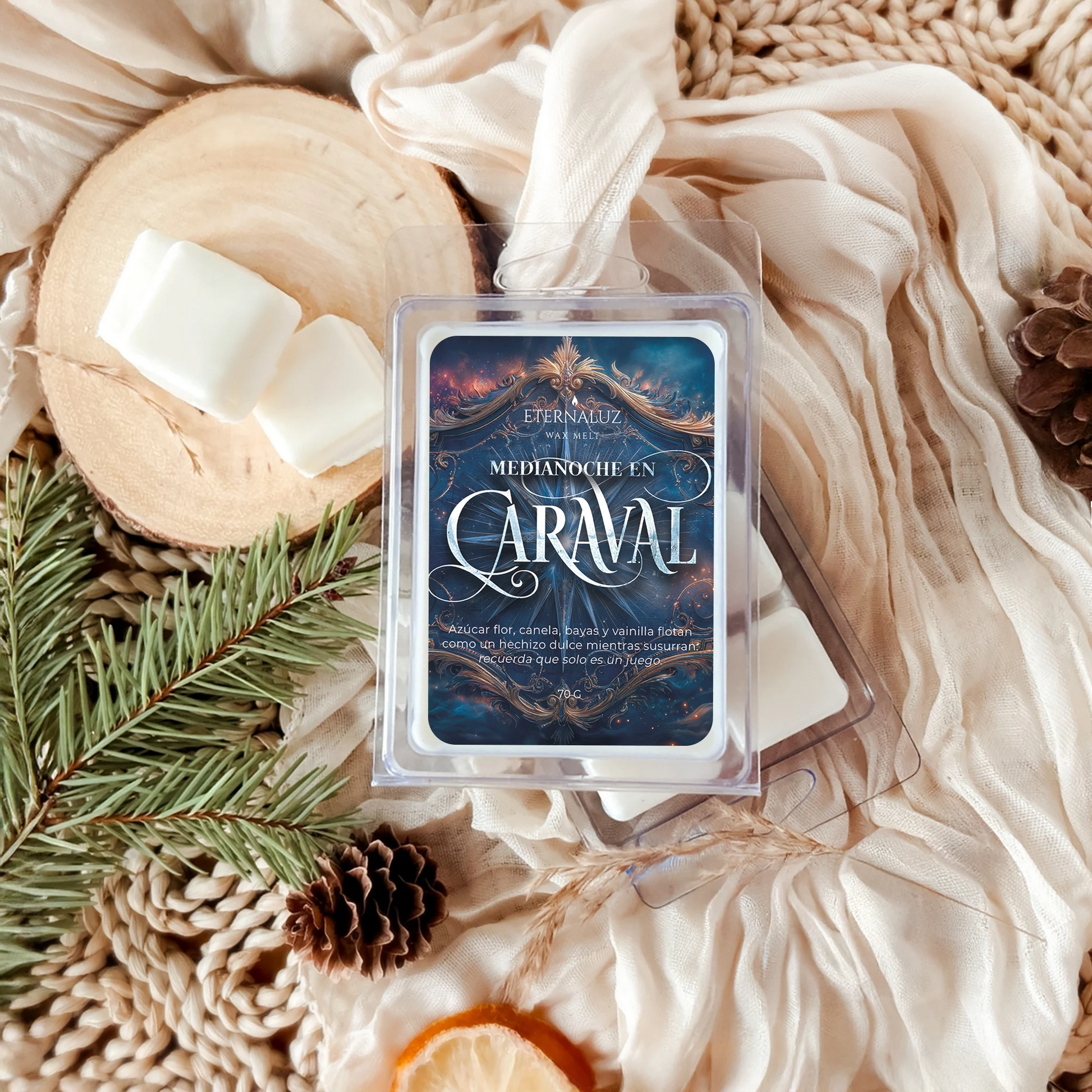 Wax melt inspirado en fantasía tipo Caraval con aroma dulce a azúcar, canela y vainilla estilo feria nocturna mágica.