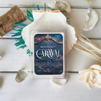 Wax melt inspirado en fantasía tipo Caraval con aroma dulce a azúcar, canela y vainilla estilo feria nocturna mágica.