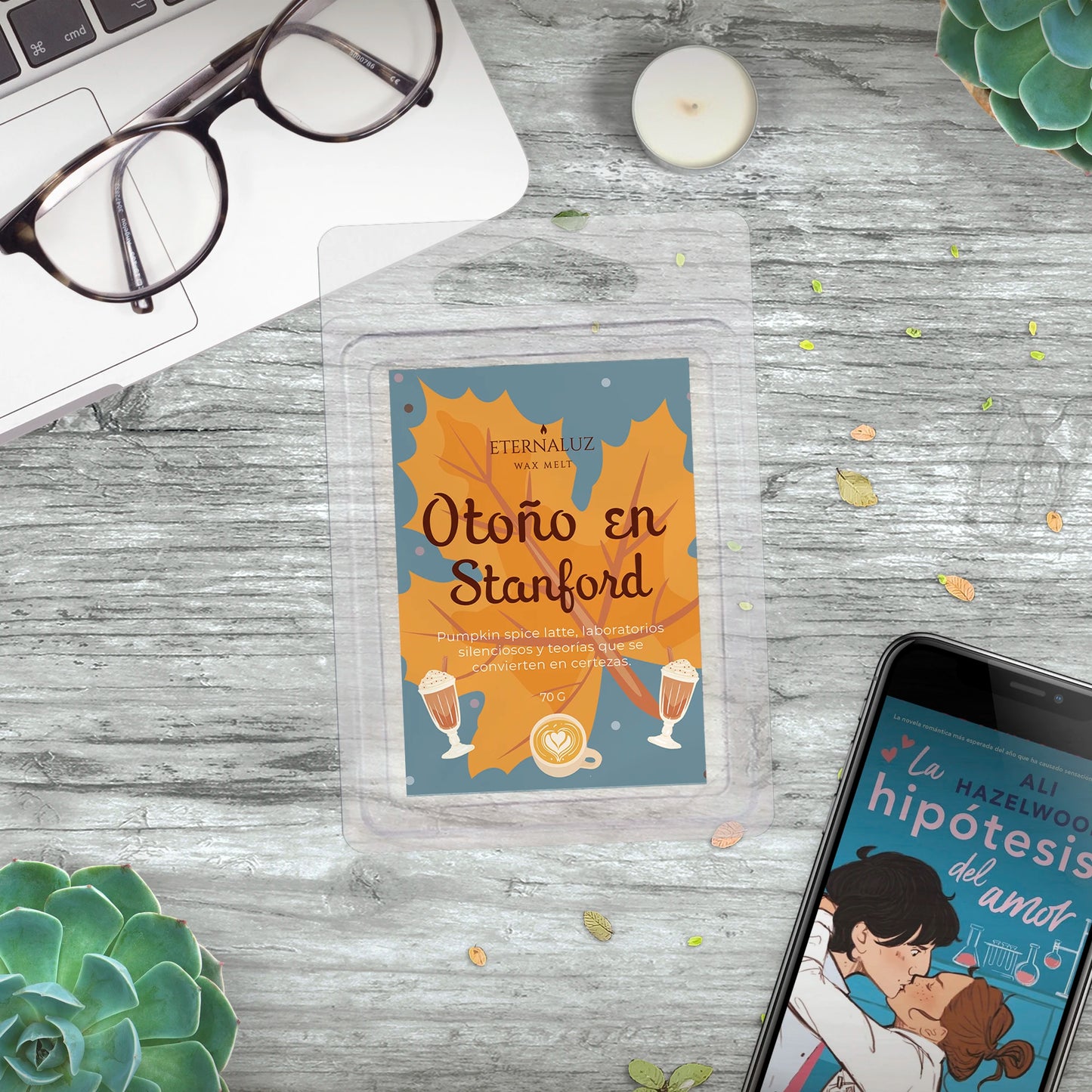 Wax melt inspirado en La hipótesis del amor con aroma a pumpkin spice latte, café y especias otoñales.