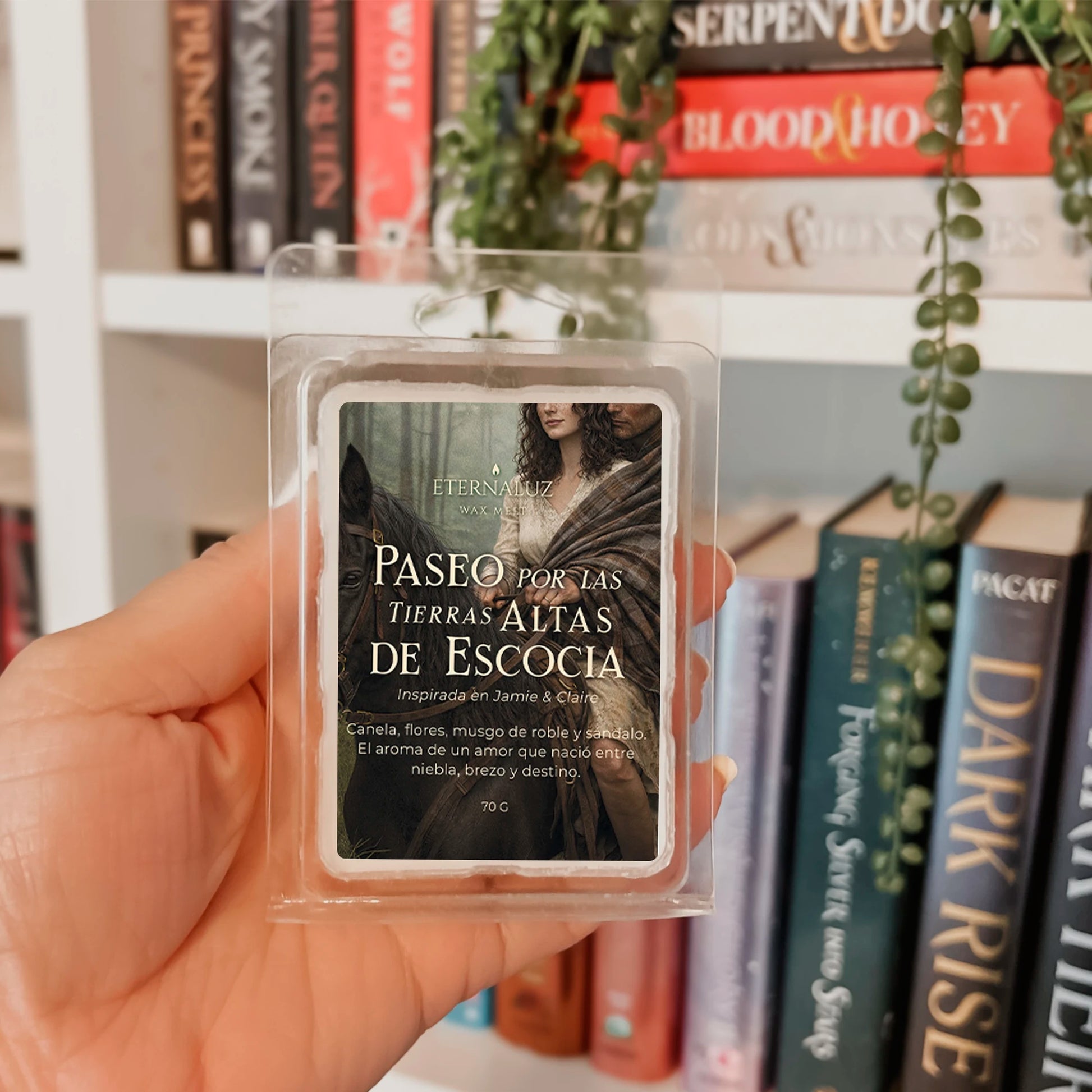 Wax melt inspirado en Outlander con aroma cálido de canela, musgo y sándalo que recrea la atmósfera de las Highlands de Escocia.