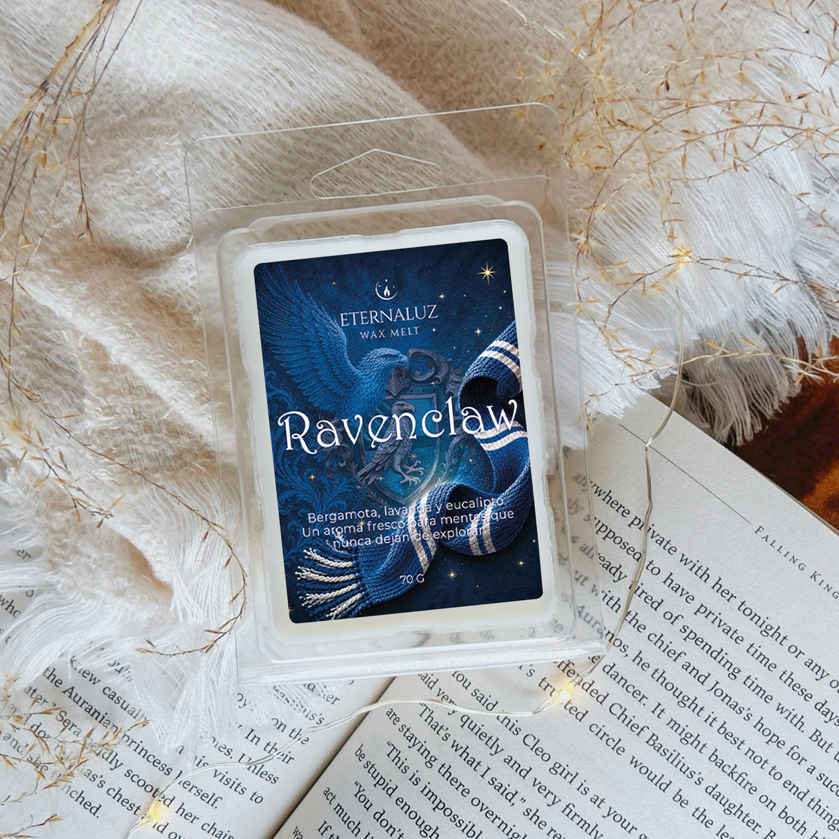 Wax melts Ravenclaw con aroma a bergamota, mandarina, lavanda, eucalipto y cedro, inspirados en la sabiduría, la creatividad y la magia de Hogwarts