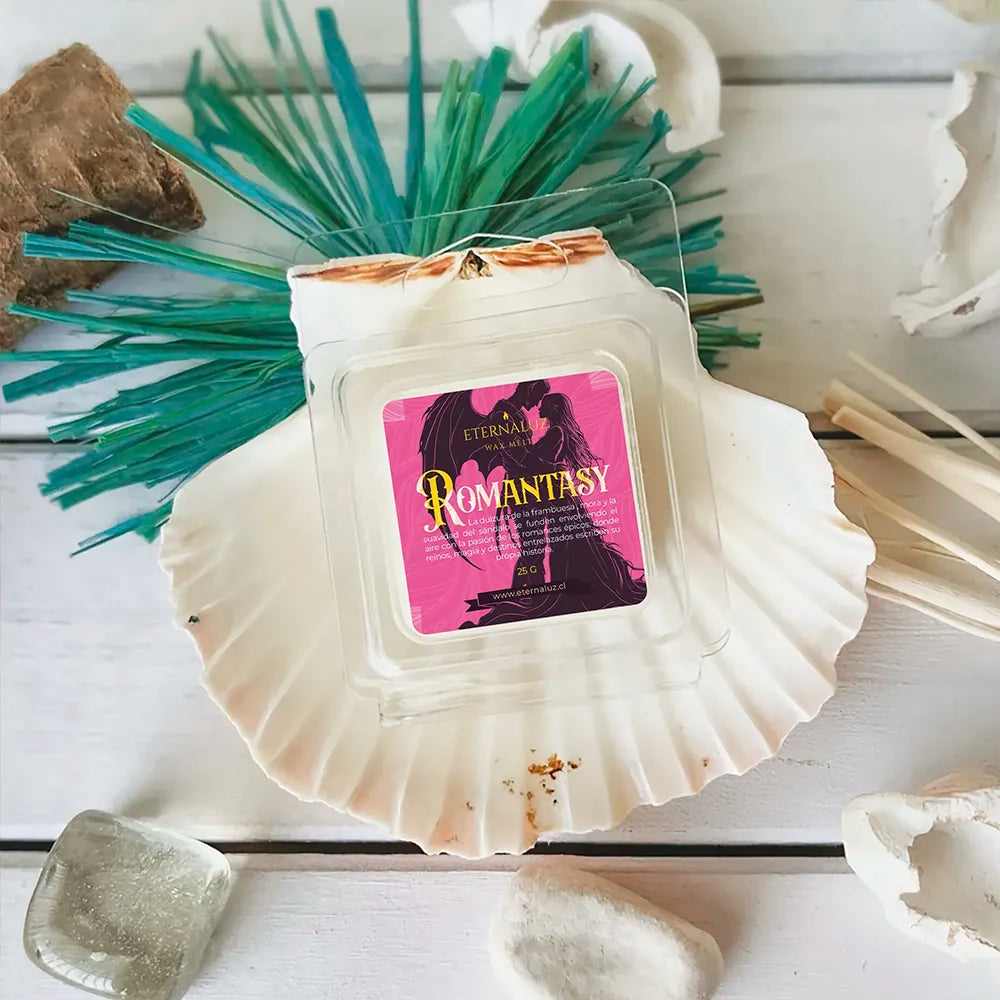 Wax melt aromático Romantasy de Eternaluz con aroma a frambuesa, sándalo y flor de cerezo