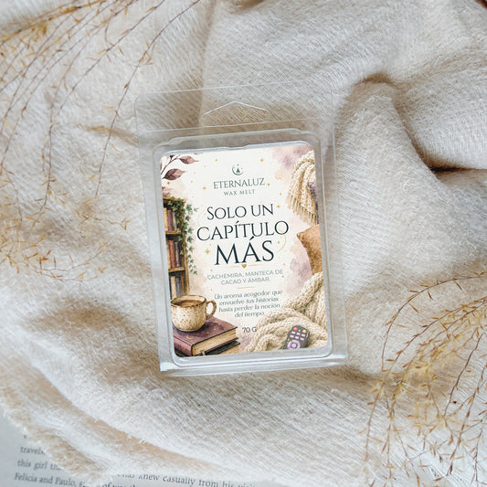 Wax melts Solo un Capítulo Más con cachemira, manteca de cacao y ámbar. Ideales para noches de lectura, series y momentos de descanso.