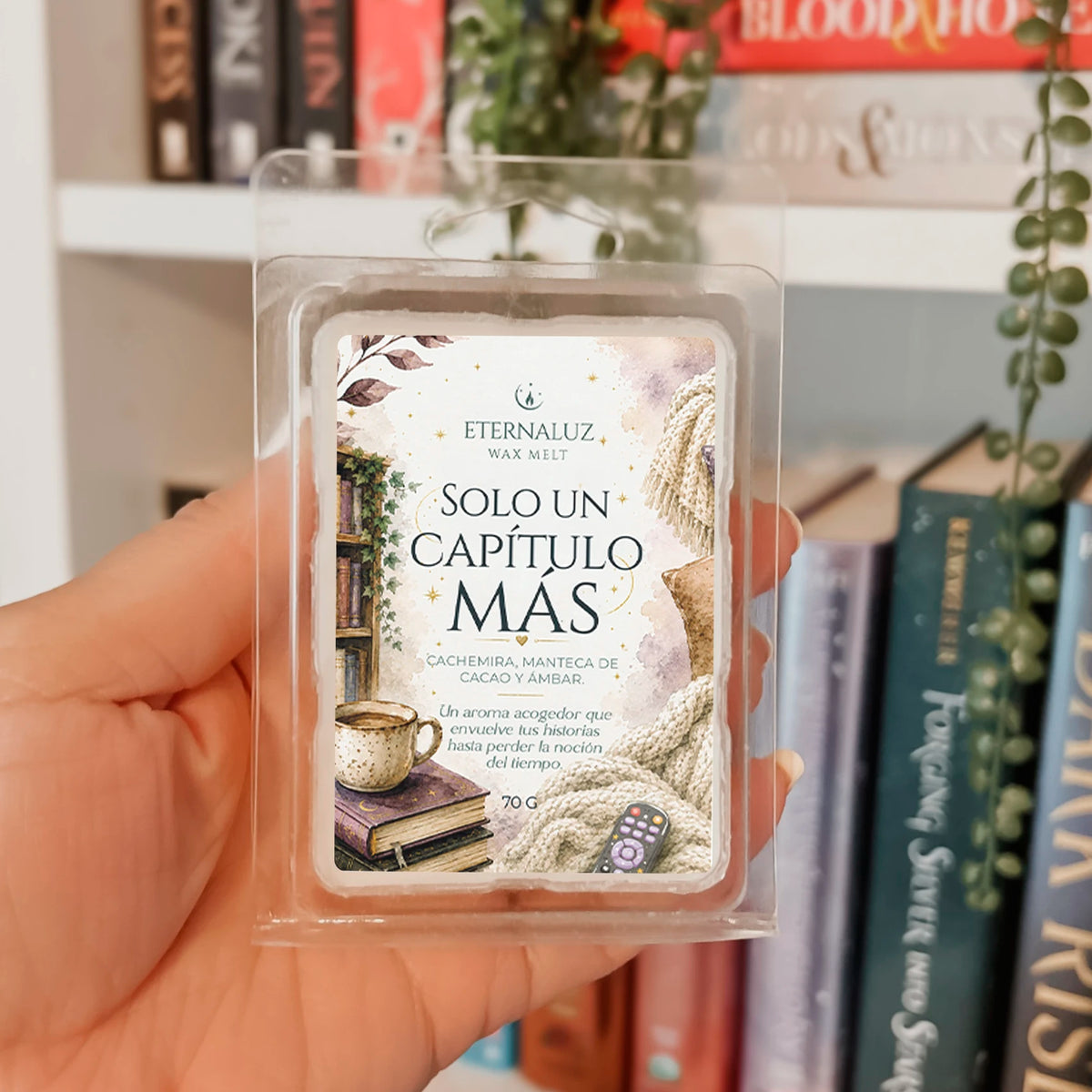 Wax melts Solo un Capítulo Más con cachemira, manteca de cacao y ámbar. Ideales para noches de lectura, series y momentos de descanso.