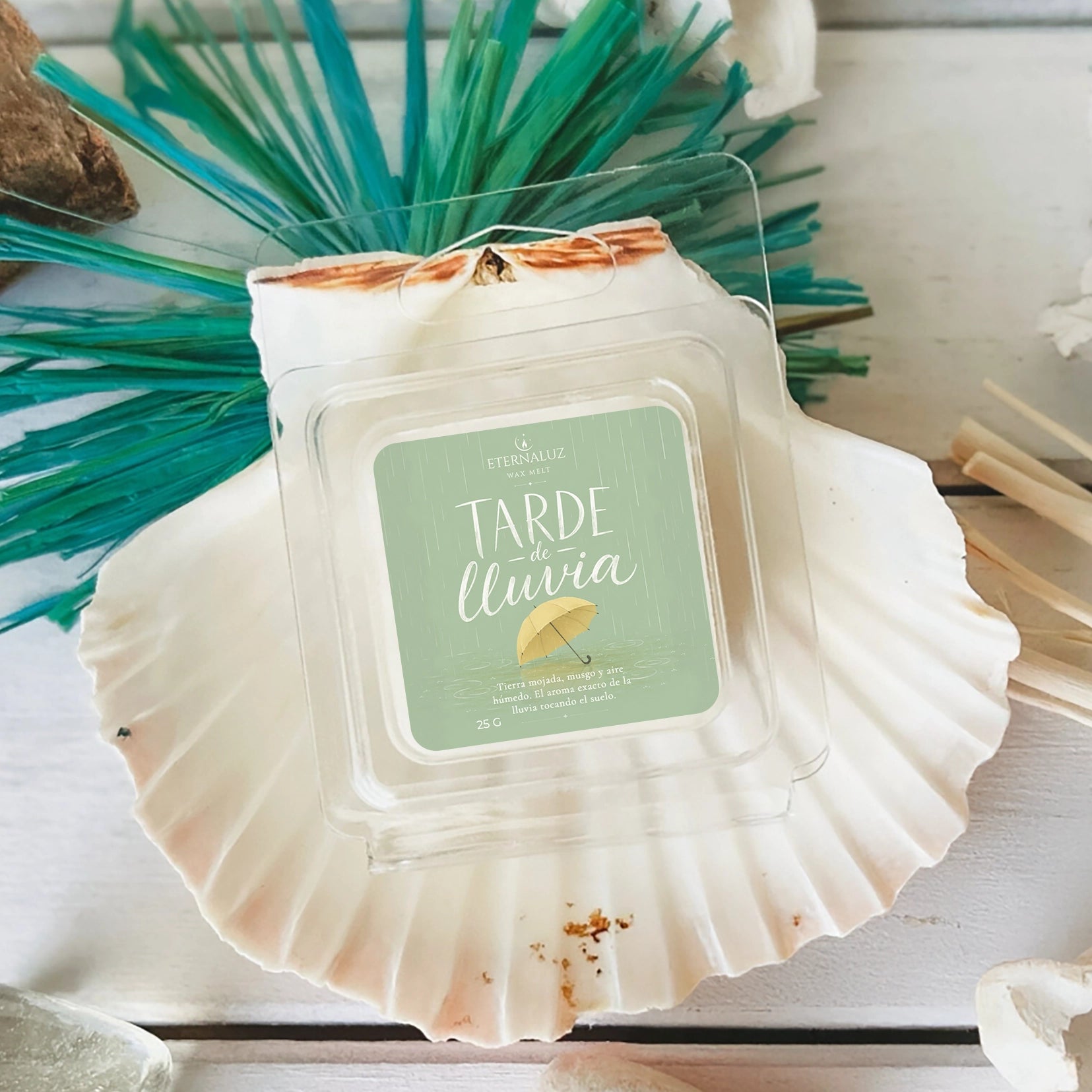 Wax melts Tarde de Lluvia con aroma a tierra mojada, musgo, notas verdes y aire húmedo