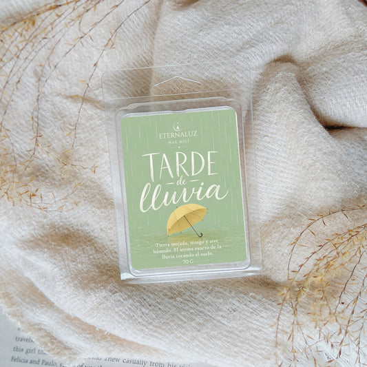 Wax melts Tarde de Lluvia con aroma a tierra mojada, musgo, notas verdes y aire húmedo