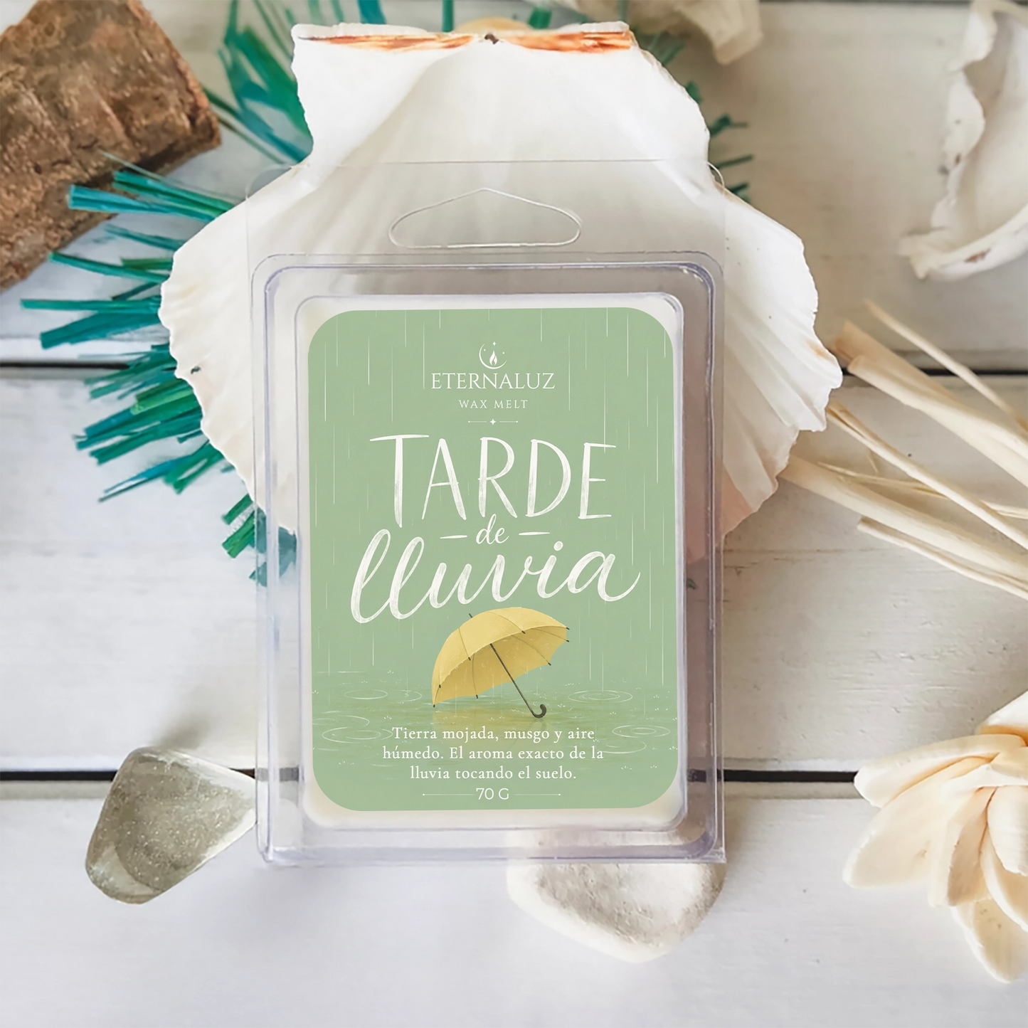 Wax melts Tarde de Lluvia con aroma a tierra mojada, musgo, notas verdes y aire húmedo