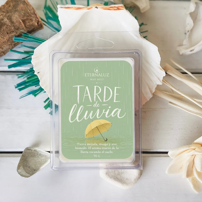 Wax melts Tarde de Lluvia con aroma a tierra mojada, musgo, notas verdes y aire húmedo