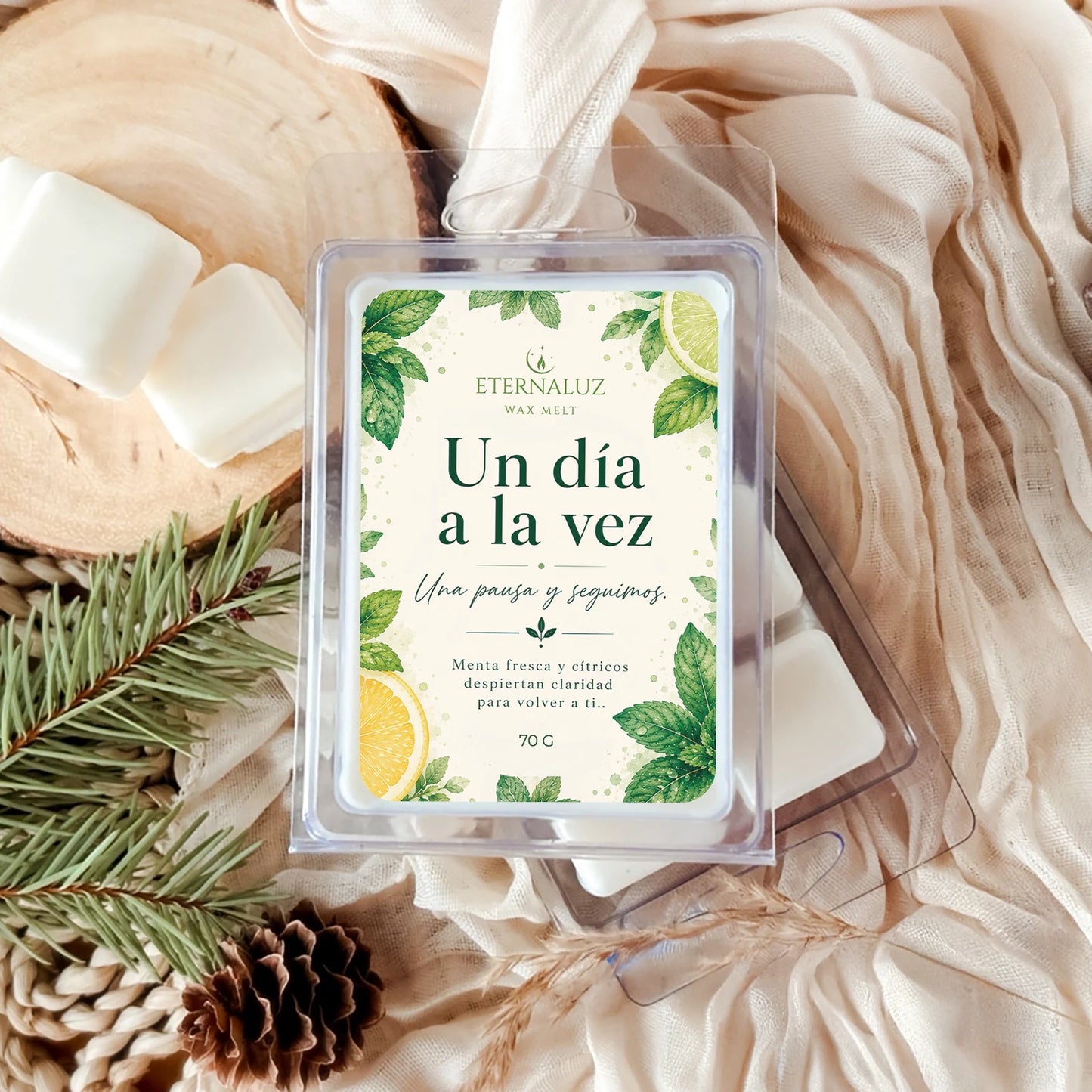 Wax melts Un día a la vez con aroma fresco a menta, bergamota, jazmín y eucalipto para crear una atmósfera de calma