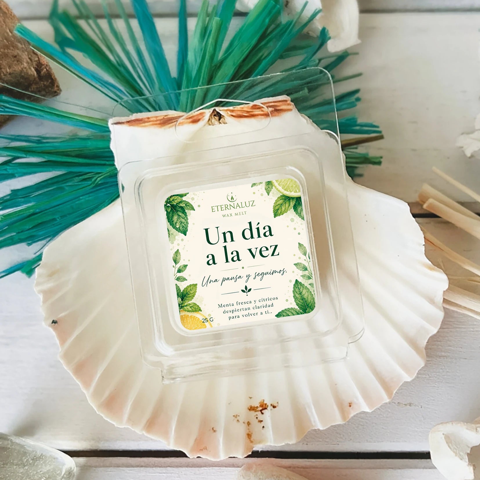 Wax melts Un día a la vez con aroma fresco a menta, bergamota, jazmín y eucalipto para crear una atmósfera de calma