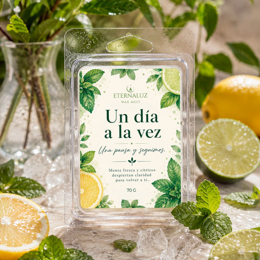 Wax melts Un día a la vez con aroma fresco a menta, bergamota, jazmín y eucalipto para crear una atmósfera de calma