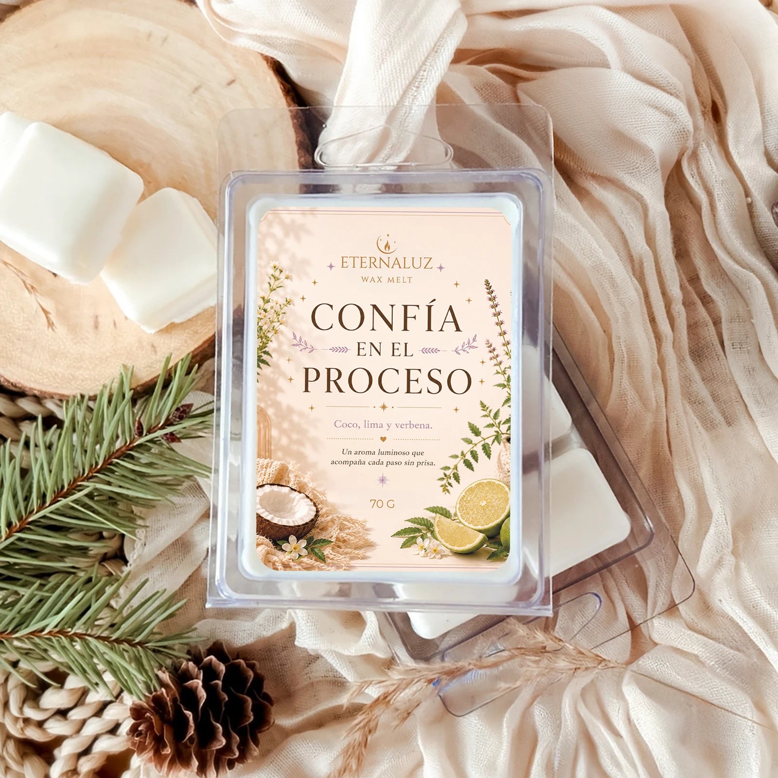 Wax melts Confía en el proceso con aroma fresco de lima, coco y verbena, ideales para crear un ambiente de enfoque y calma